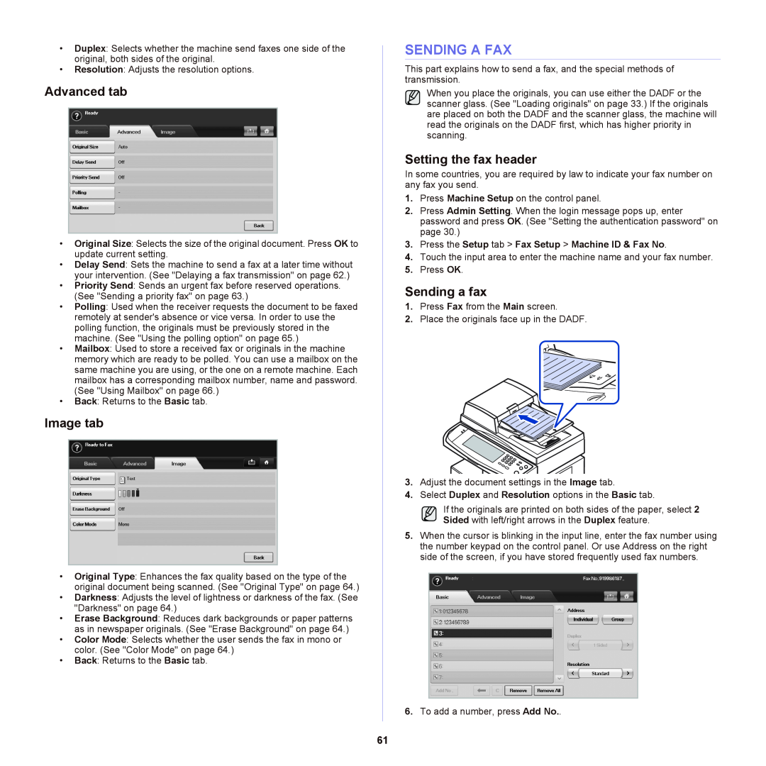 Samsung SCX-6555NX manual Sending A Fax, Setting the fax header, Sending a fax, Advanced tab, Image tab 