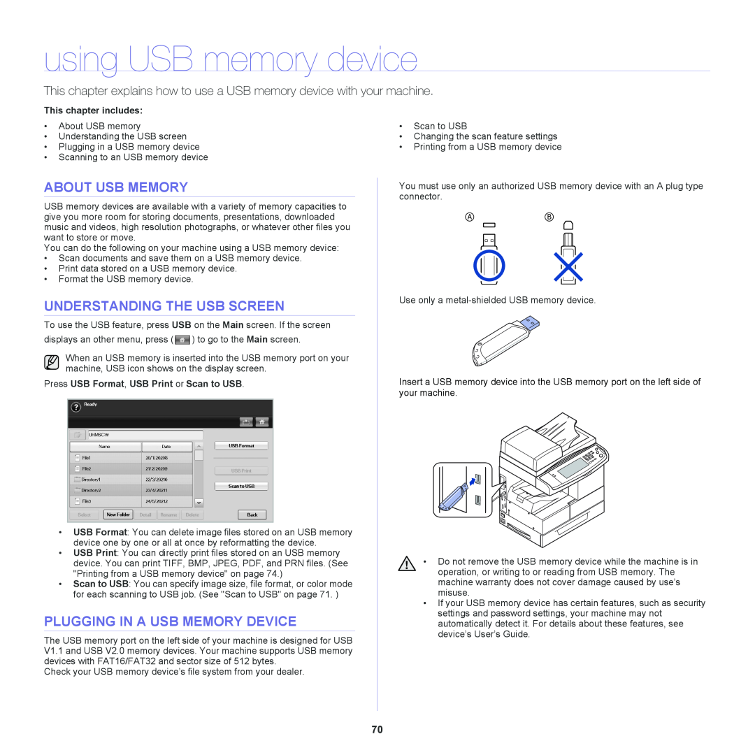 Samsung SCX-6555NX manual using USB memory device, About Usb Memory, Understanding The Usb Screen 