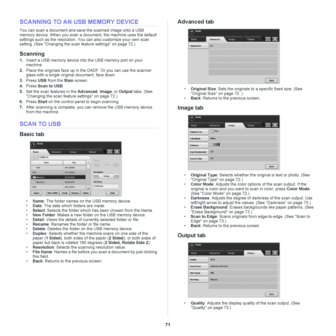 Samsung SCX-6555NX manual Scanning To An Usb Memory Device, Scan To Usb, Basic tab, Advanced tab, Image tab, Output tab 