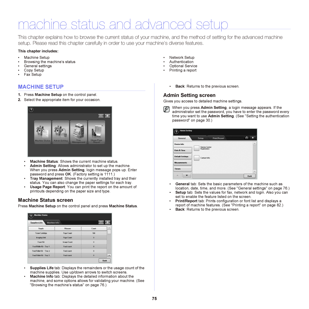 Samsung SCX-6555NX manual machine status and advanced setup, Machine Setup, Machine Status screen, Admin Setting screen 