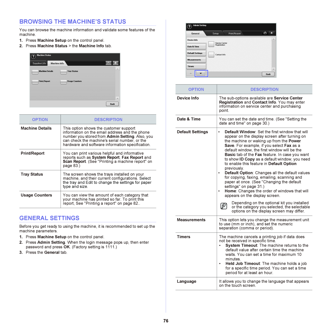 Samsung SCX-6555NX manual Browsing The Machine’S Status, General Settings, This option lets you change the measurement unit 