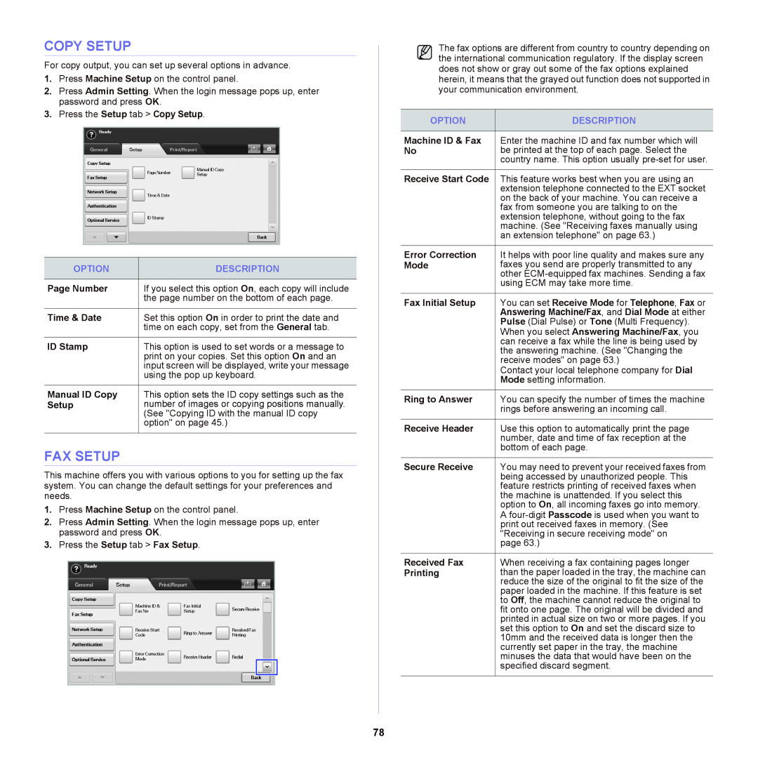 Samsung SCX-6555NX manual Copy Setup, Fax Setup 