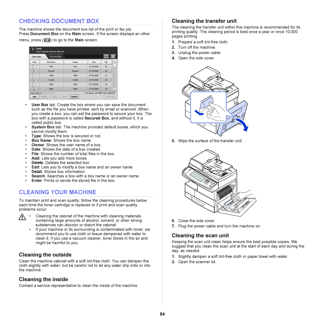 Samsung SCX-6555NX manual Checking Document Box, Cleaning Your Machine, Cleaning the outside, Cleaning the inside 