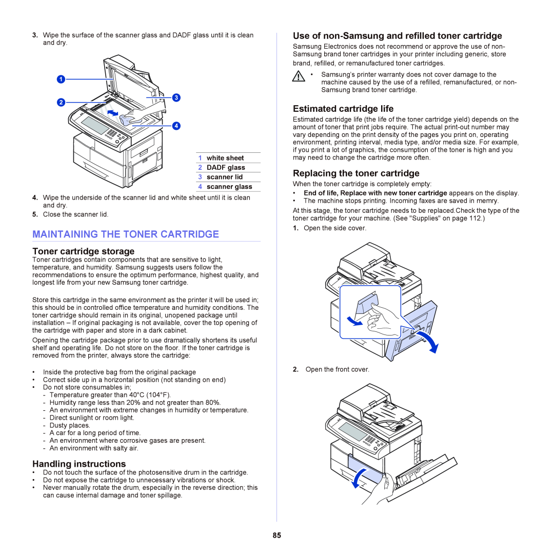 Samsung SCX-6555NX manual Maintaining The Toner Cartridge, Toner cartridge storage, Handling instructions 