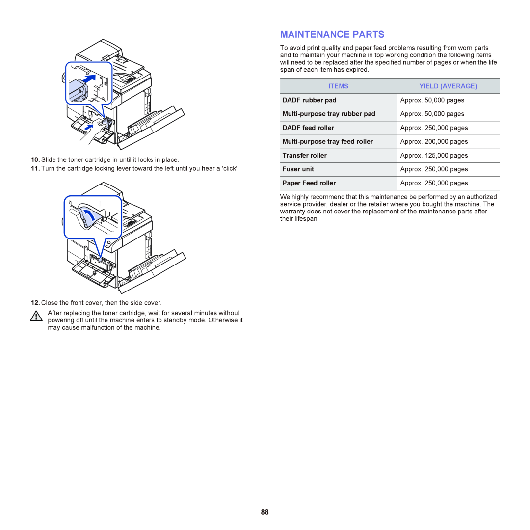 Samsung SCX-6555NX manual Maintenance Parts, Items, Yield Average 