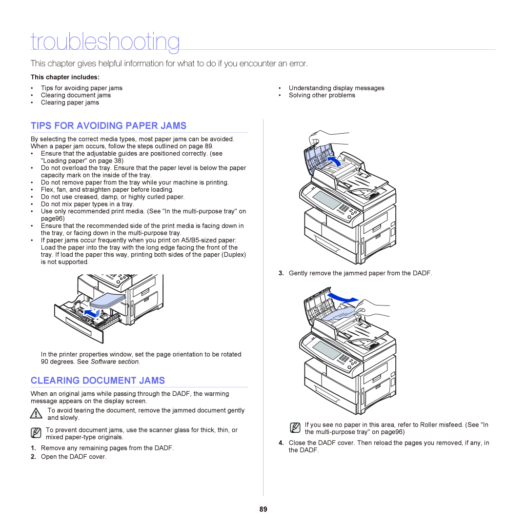 Samsung SCX-6555NX troubleshooting, Tips For Avoiding Paper Jams, Clearing Document Jams, degrees. See Software section 
