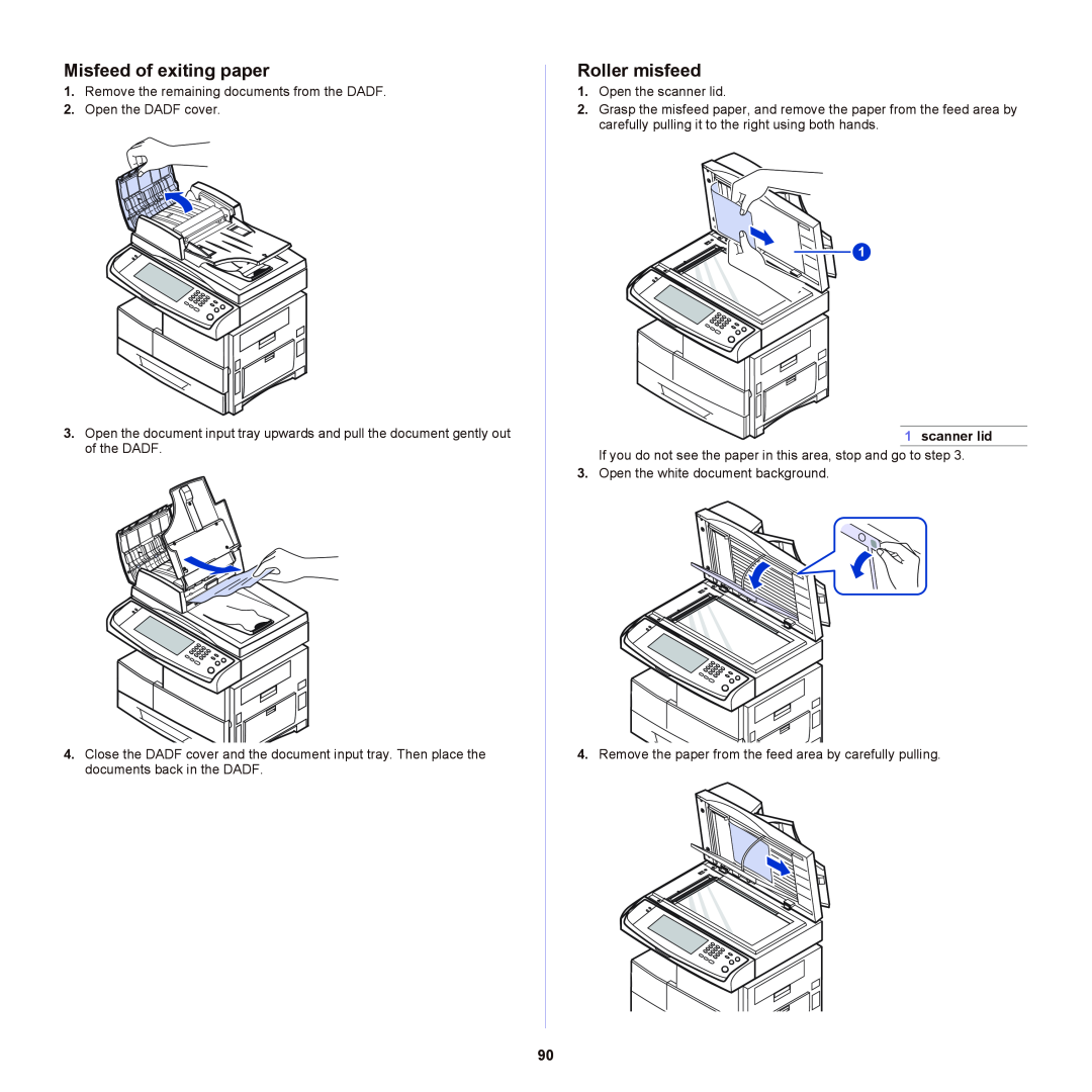 Samsung SCX-6555NX manual Misfeed of exiting paper, Roller misfeed, scanner lid 