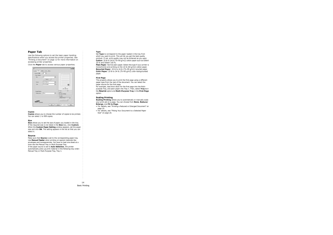 Samsung SCX-6x22 manual Paper Tab, Source, Scaling Printing 