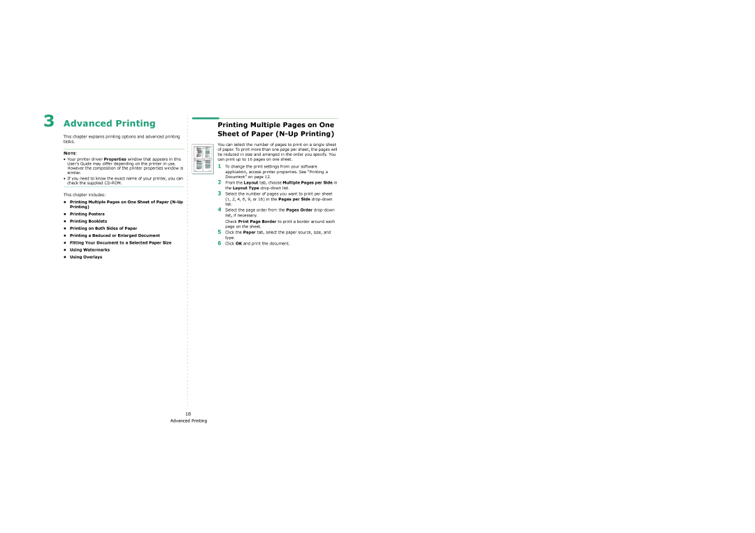 Samsung SCX-6x22 manual Advanced Printing, Printing Multiple Pages on One Sheet of Paper N-Up Printing 