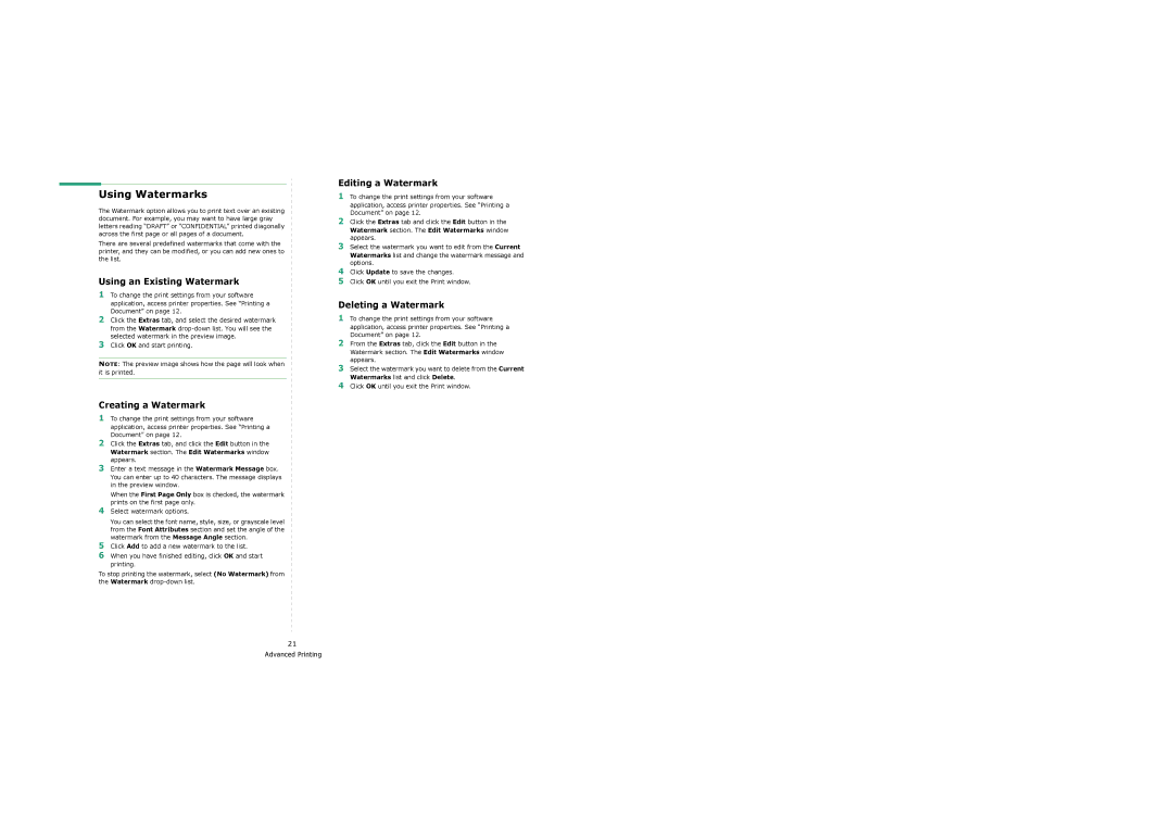Samsung SCX-6x22 manual Using Watermarks, Using an Existing Watermark, Creating a Watermark, Editing a Watermark 