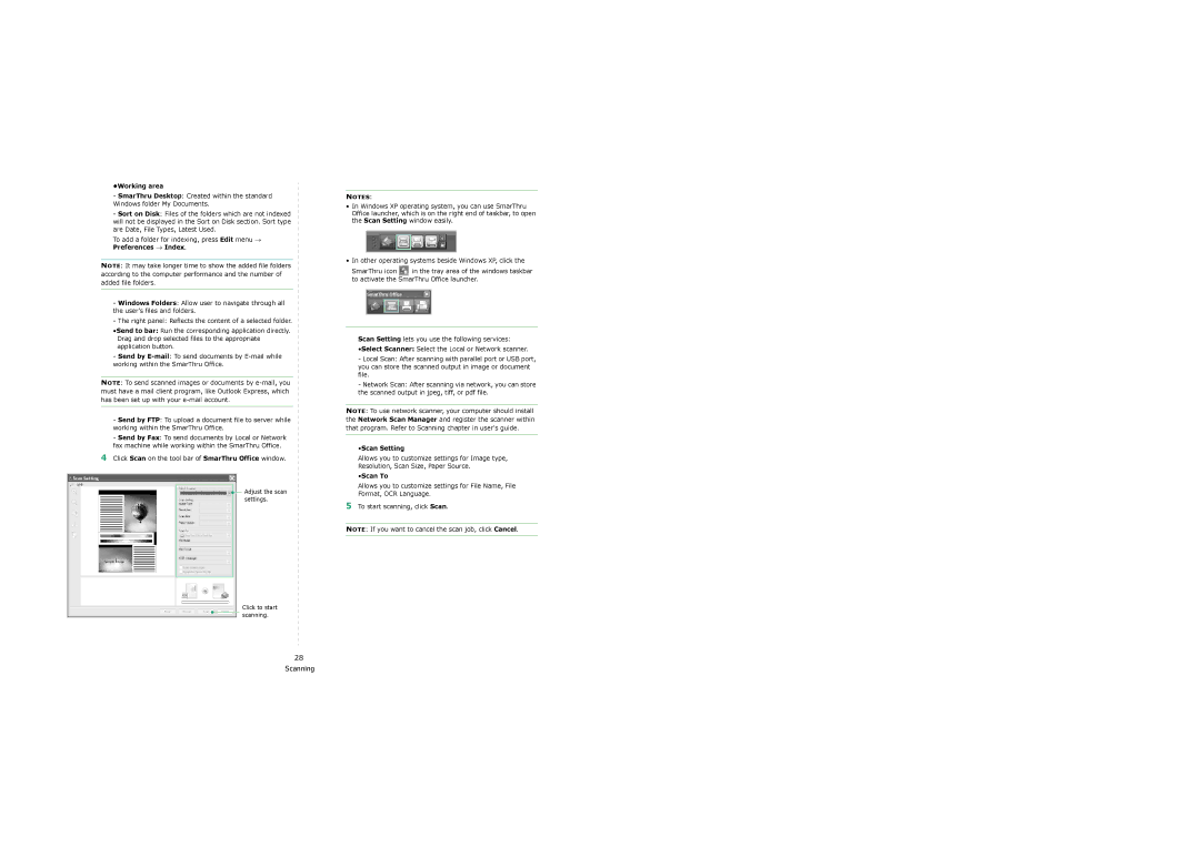 Samsung SCX-6x22 manual Working area, Preferences → Index, Scan Setting, Scan To 