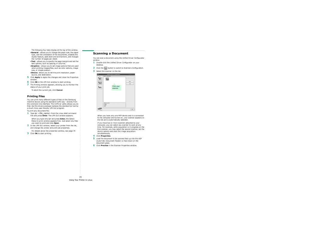 Samsung SCX-6x22 manual Scanning a Document, Printing Files, Click Properties 