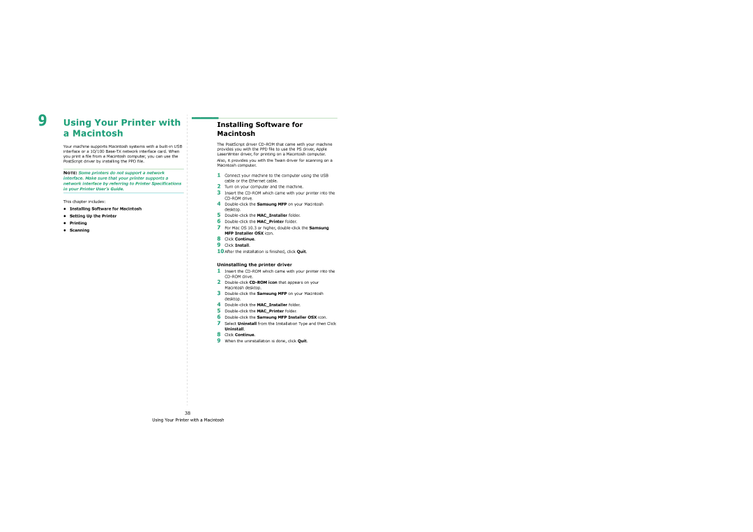 Samsung SCX-6x22 manual Installing Software for Macintosh, Uninstalling the printer driver, Click Continue 