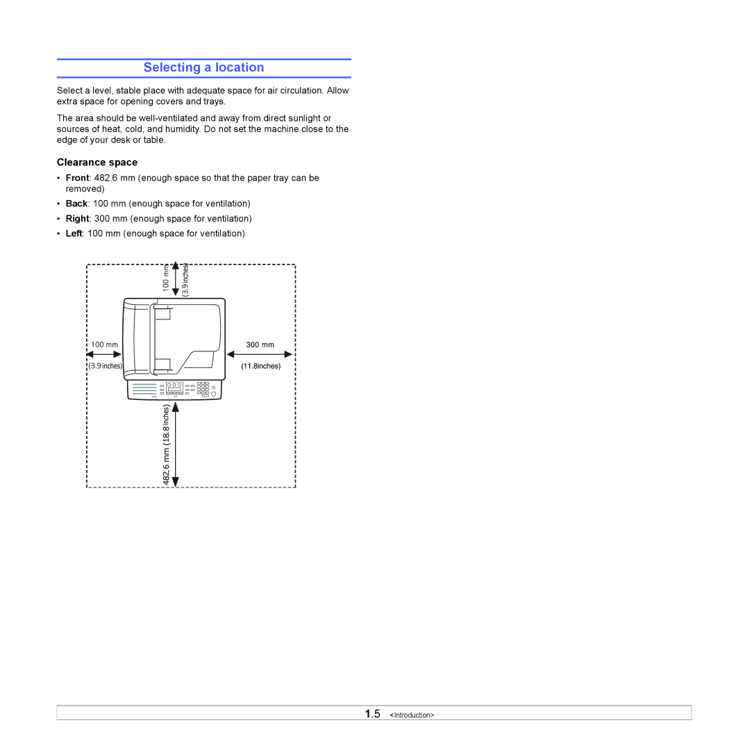 Samsung SCX-6x22 manual Selecting a location, Clearance space 