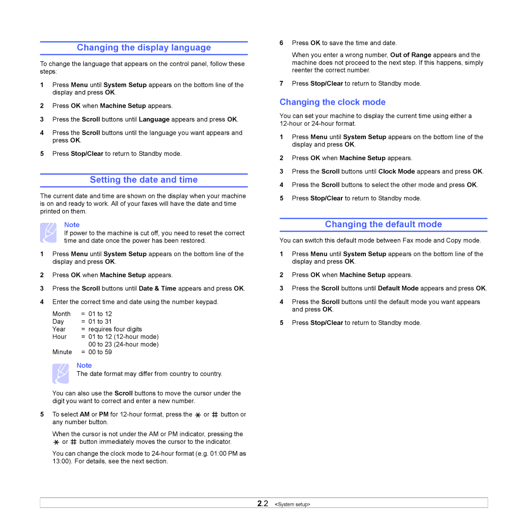 Samsung SCX-6x22 manual Changing the display language, Setting the date and time, Changing the default mode 