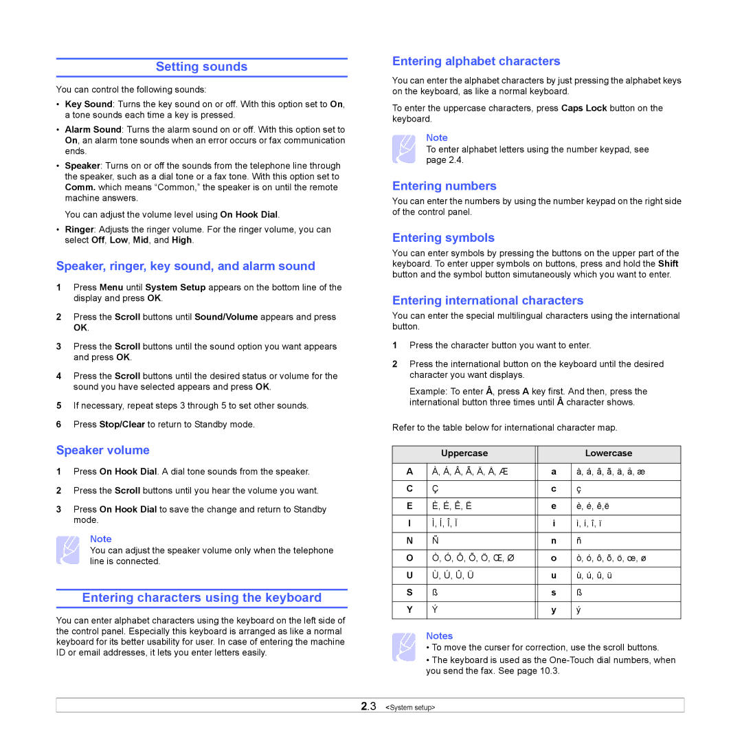 Samsung SCX-6x22 manual Setting sounds, Entering characters using the keyboard 