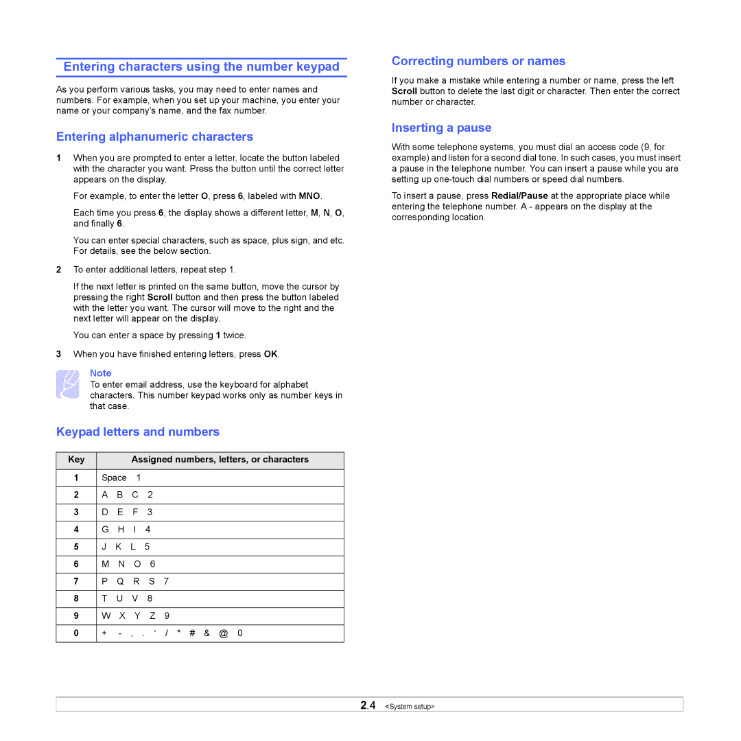 Samsung SCX-6x22 Entering characters using the number keypad, Entering alphanumeric characters, Keypad letters and numbers 