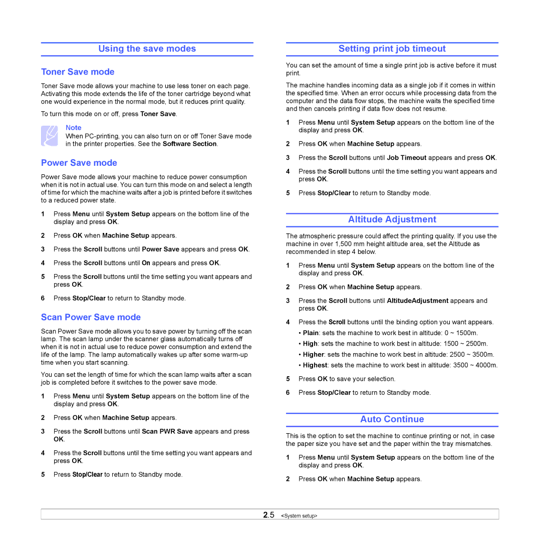 Samsung SCX-6x22 manual Using the save modes, Setting print job timeout, Altitude Adjustment, Auto Continue 