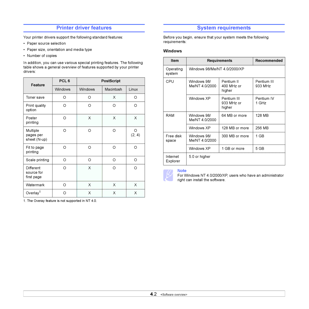 Samsung SCX-6x22 manual Printer driver features, System requirements, Windows 