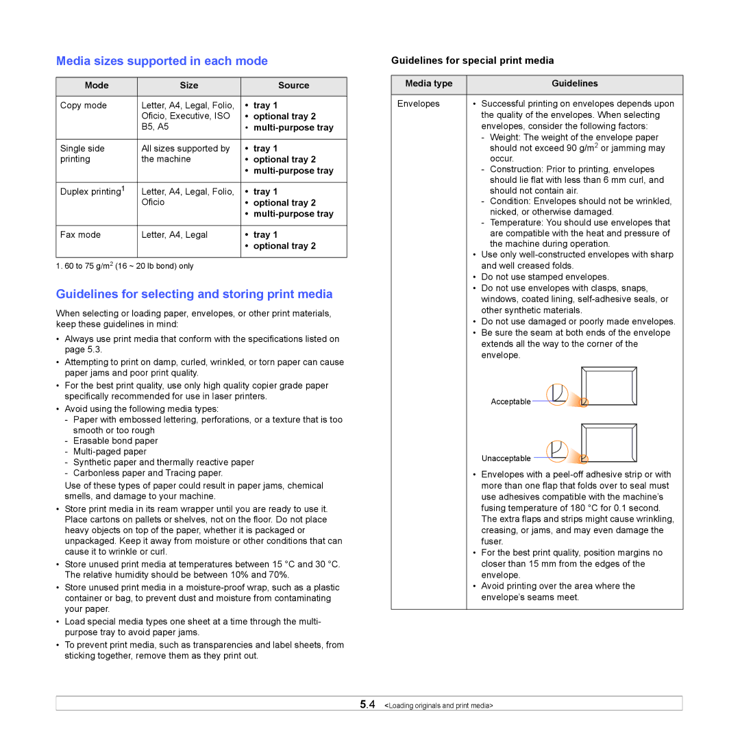 Samsung SCX-6x22 manual Media sizes supported in each mode, Guidelines for selecting and storing print media 