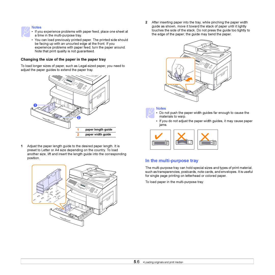 Samsung SCX-6x22 manual Multi-purpose tray, Changing the size of the paper in the paper tray 