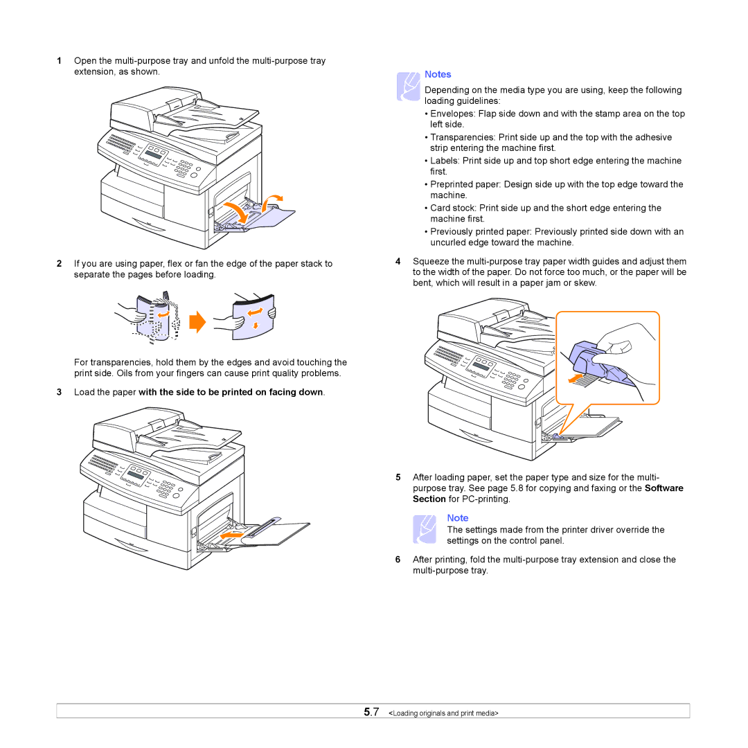 Samsung SCX-6x22 manual Load the paper with the side to be printed on facing down 