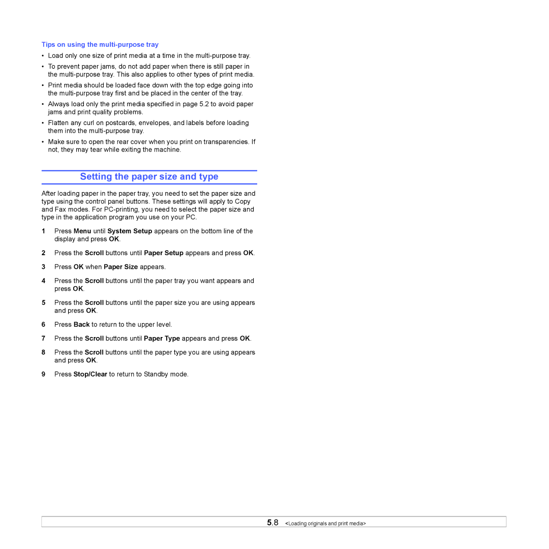 Samsung SCX-6x22 manual Setting the paper size and type, Tips on using the multi-purpose tray 