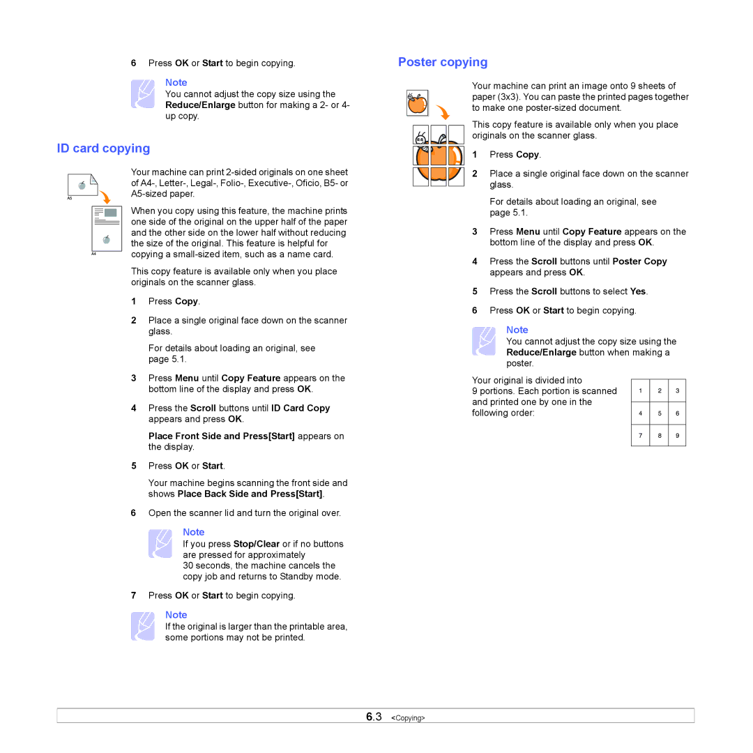 Samsung SCX-6x22 manual ID card copying, Poster copying, Place Front Side and PressStart appears on the display 