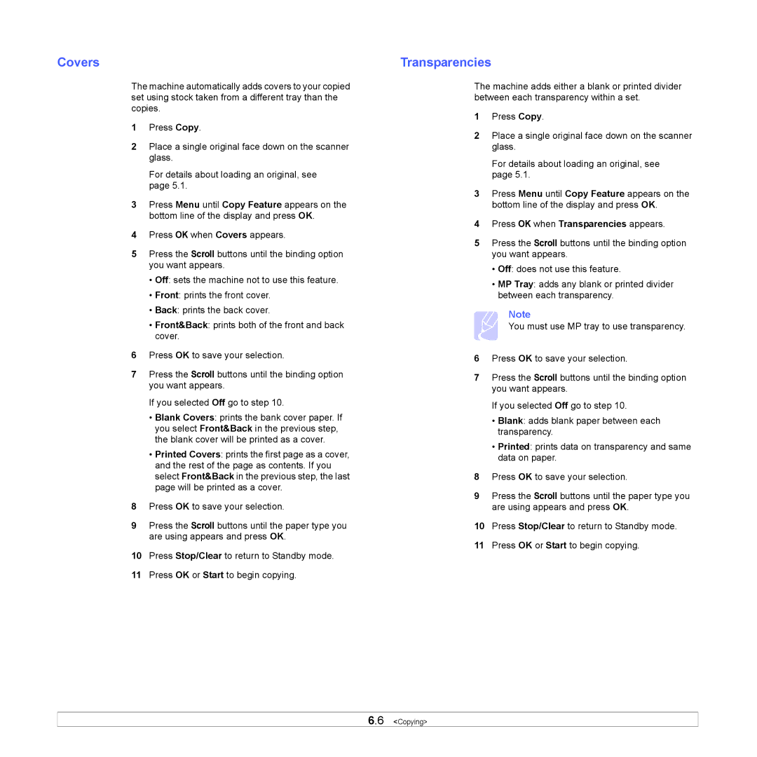 Samsung SCX-6x22 manual Covers, Transparencies 