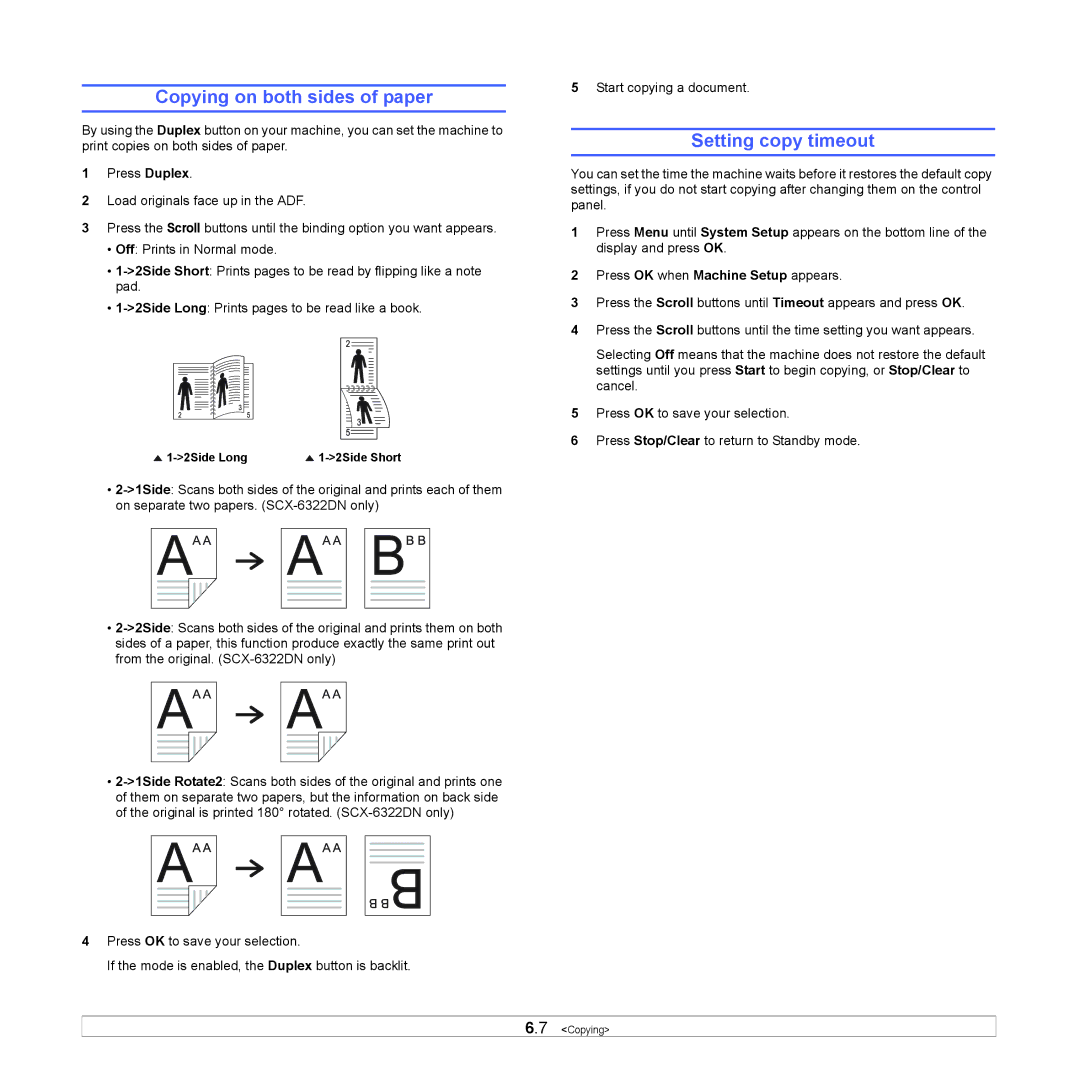 Samsung SCX-6x22 manual Copying on both sides of paper, Setting copy timeout 