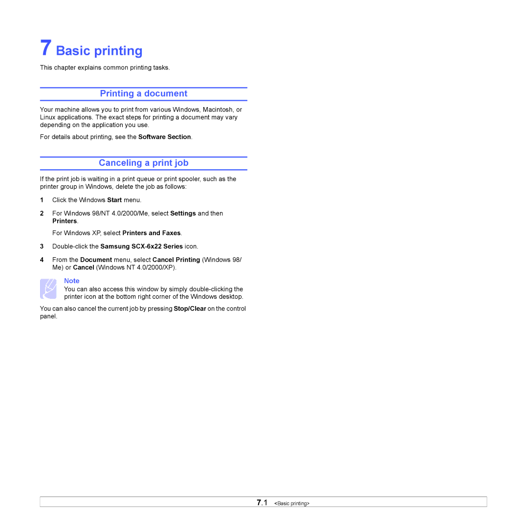 Samsung manual Basic printing, Printing a document, Canceling a print job, Double-click the Samsung SCX-6x22 Series icon 