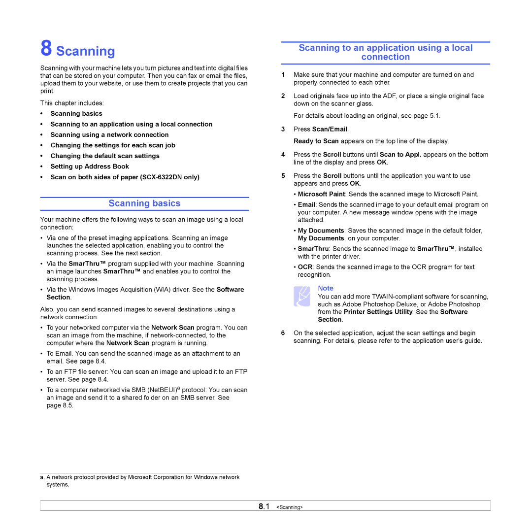 Samsung SCX-6x22 manual Scanning basics, Scanning to an application using a local Connection, Press Scan/Email 