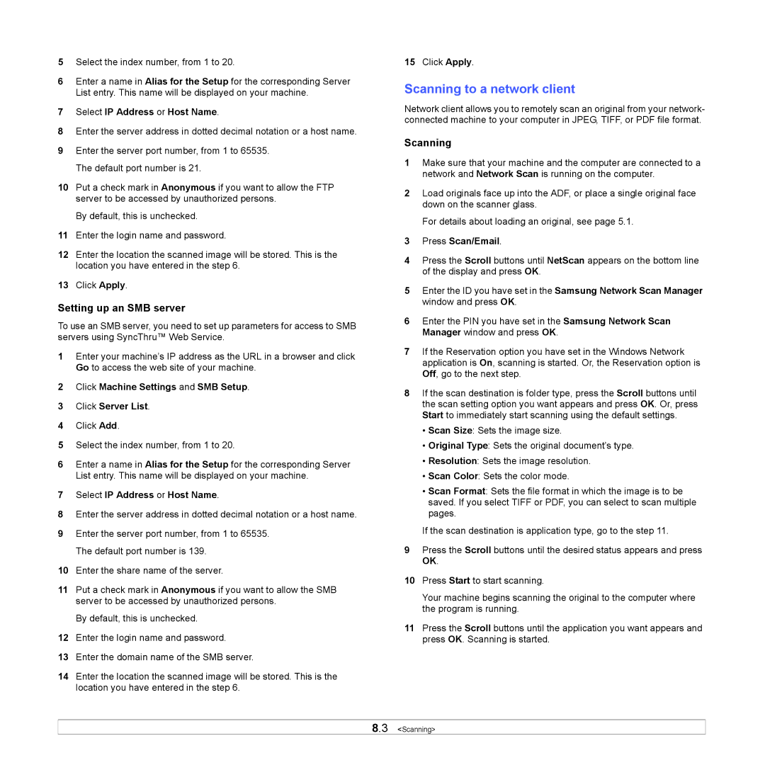 Samsung SCX-6x22 manual Scanning to a network client, Setting up an SMB server 