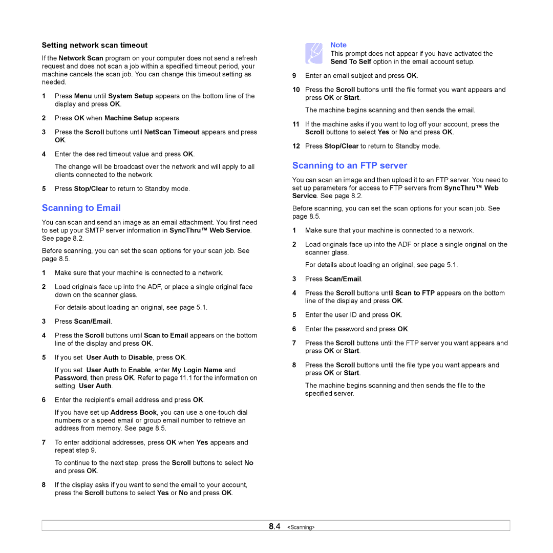 Samsung SCX-6x22 manual Scanning to Email, Scanning to an FTP server, Setting network scan timeout 