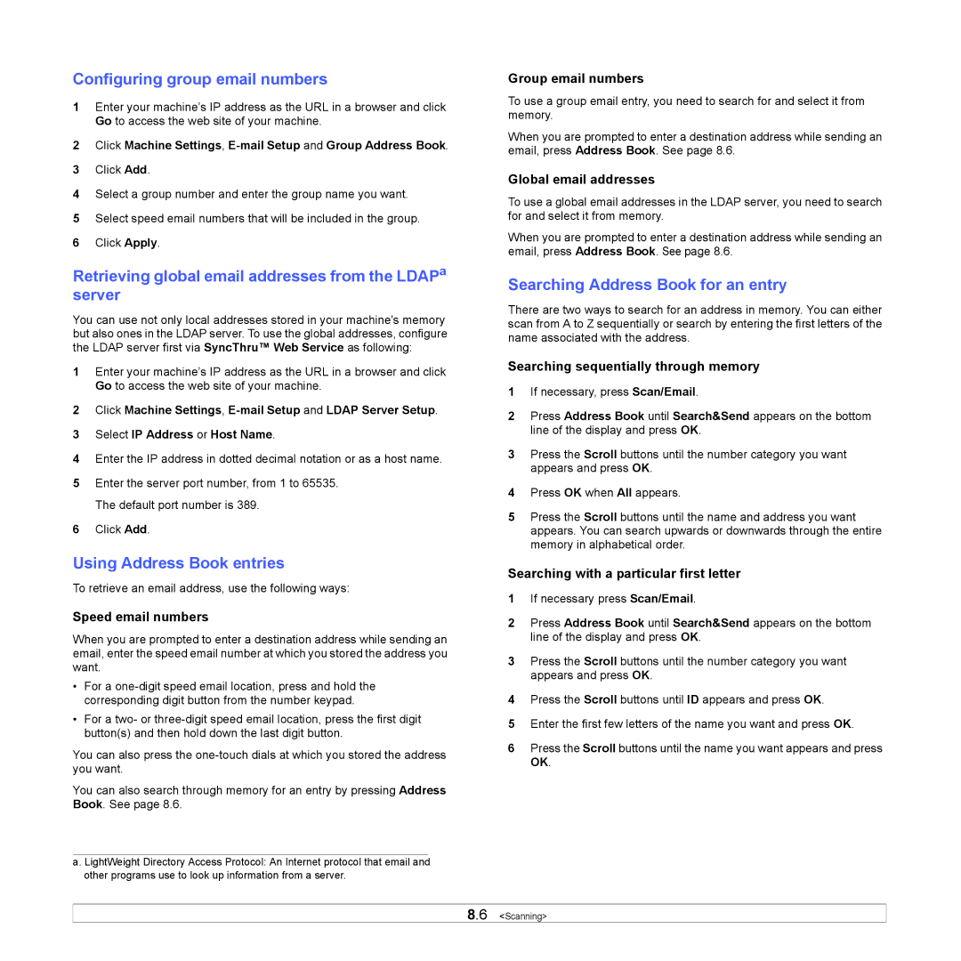 Samsung SCX-6x22 manual Configuring group email numbers, Retrieving global email addresses from the LDAPa server 