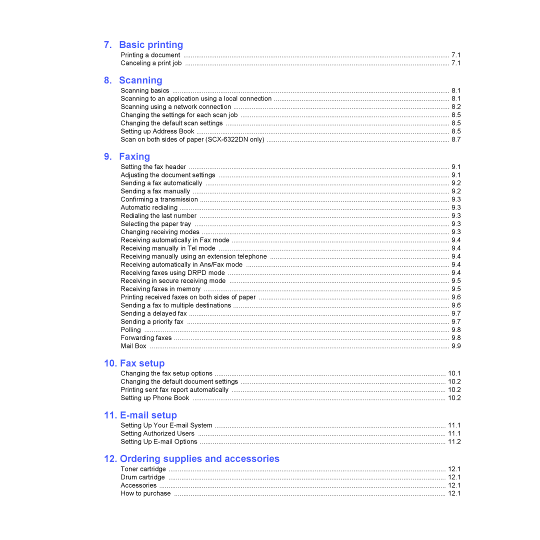 Samsung SCX-6x22 manual Basic printing, Scanning, Faxing, Fax setup, Mail setup, Ordering supplies and accessories 