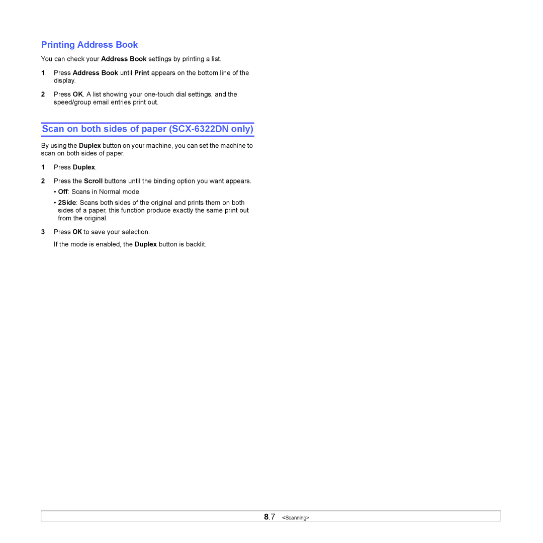 Samsung SCX-6x22 manual Scan on both sides of paper SCX-6322DN only, Printing Address Book 