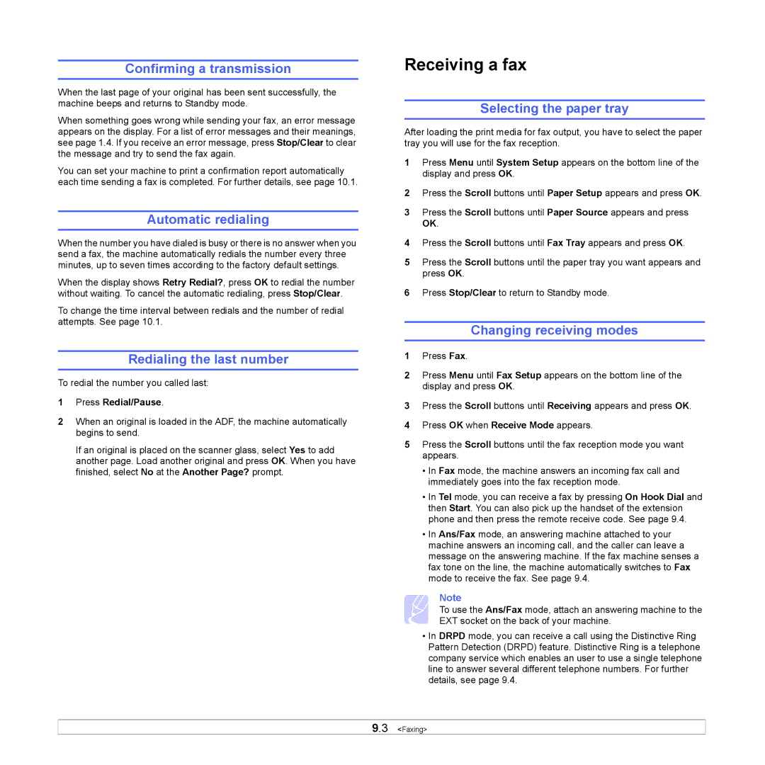 Samsung SCX-6x22 manual Confirming a transmission, Automatic redialing, Redialing the last number, Changing receiving modes 