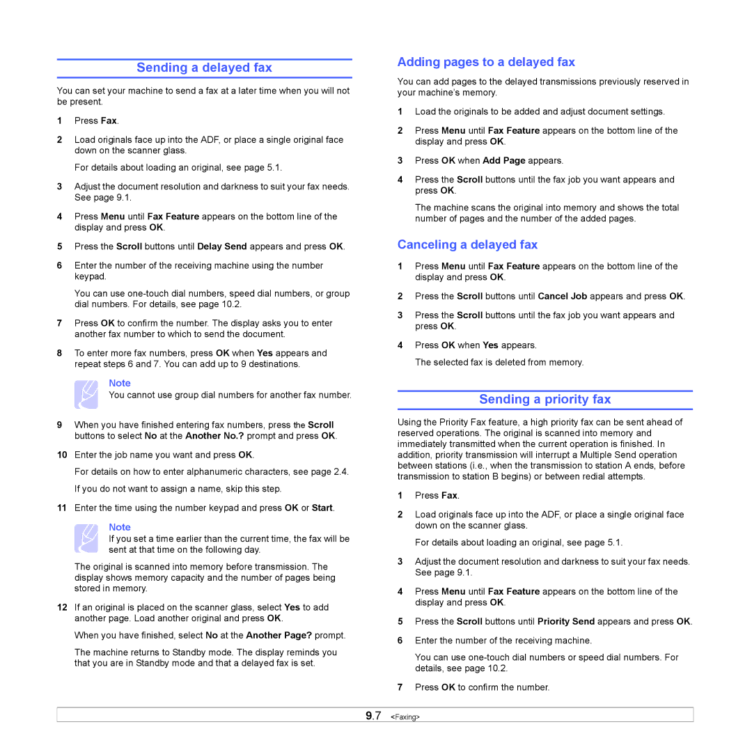 Samsung SCX-6x22 Sending a delayed fax, Sending a priority fax, Adding pages to a delayed fax, Canceling a delayed fax 