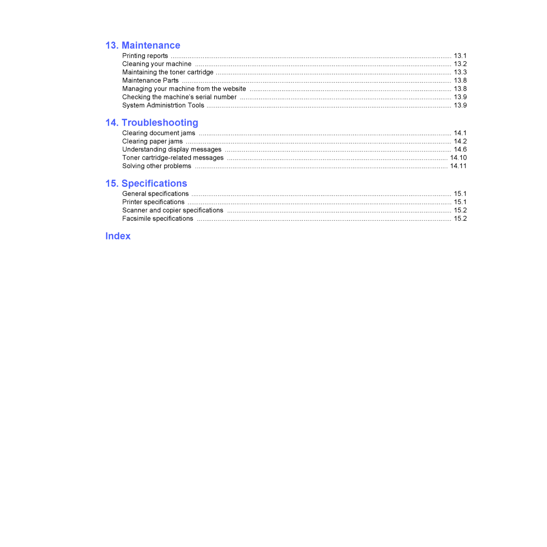 Samsung SCX-6x22 manual Maintenance, Troubleshooting, Specifications, Index 