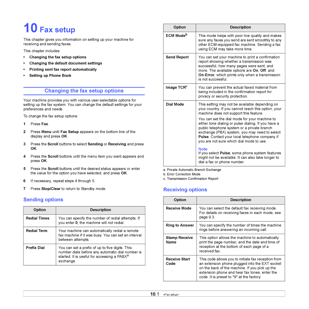 Samsung SCX-6x22 manual Fax setup, Changing the fax setup options, Sending options, Receiving options 