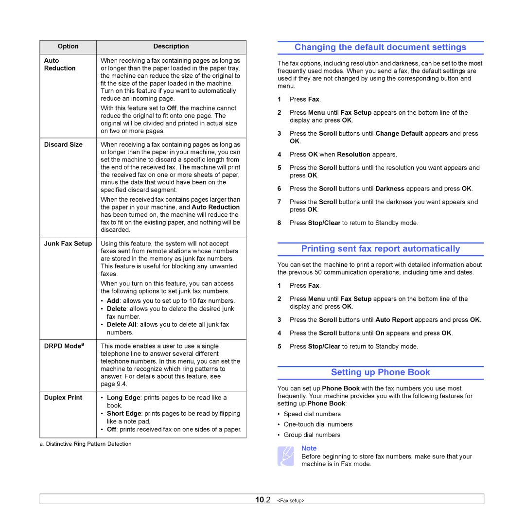 Samsung SCX-6x22 Changing the default document settings, Printing sent fax report automatically, Setting up Phone Book 