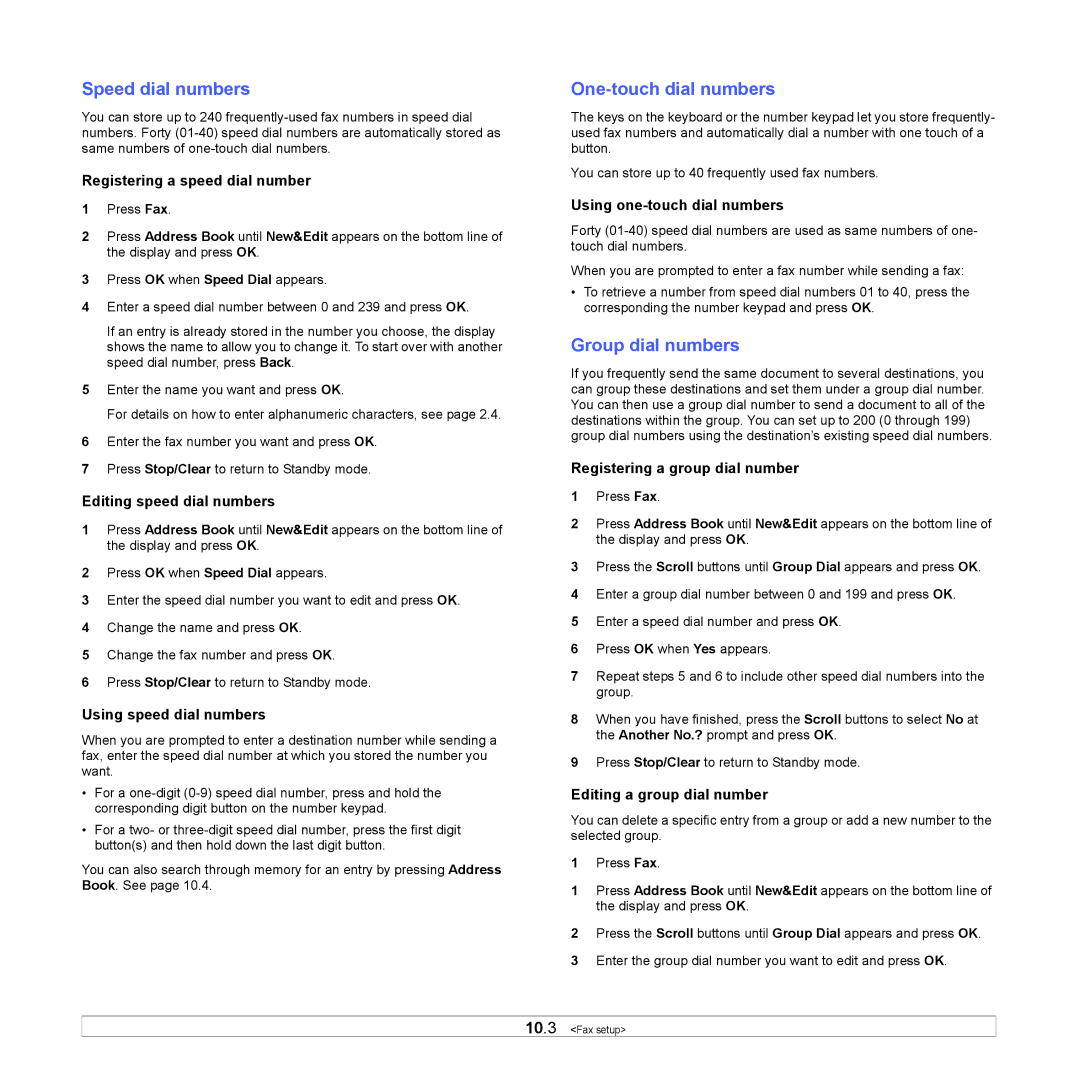 Samsung SCX-6x22 manual Speed dial numbers, One-touch dial numbers, Group dial numbers 