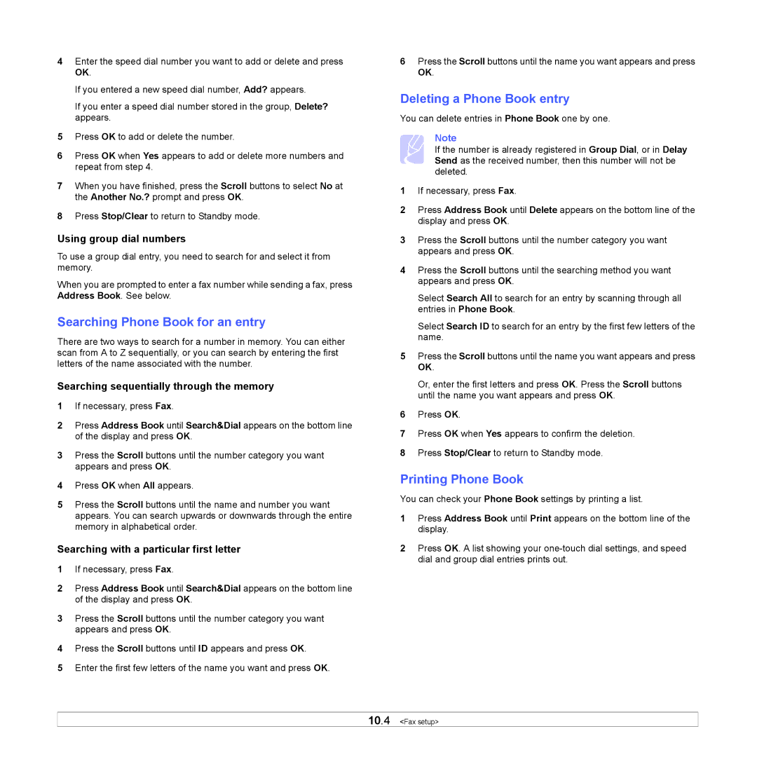 Samsung SCX-6x22 manual Searching Phone Book for an entry, Deleting a Phone Book entry, Printing Phone Book 