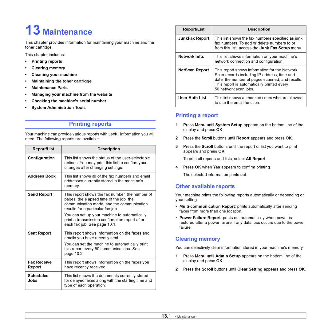 Samsung SCX-6x22 manual Maintenance, Printing reports, Printing a report, Other available reports, Clearing memory 