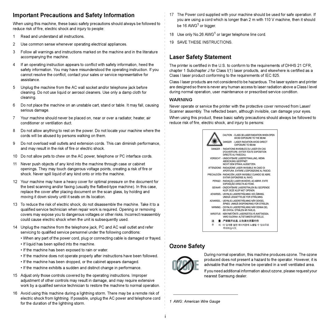 Samsung SCX-6x22 manual Important Precautions and Safety Information 