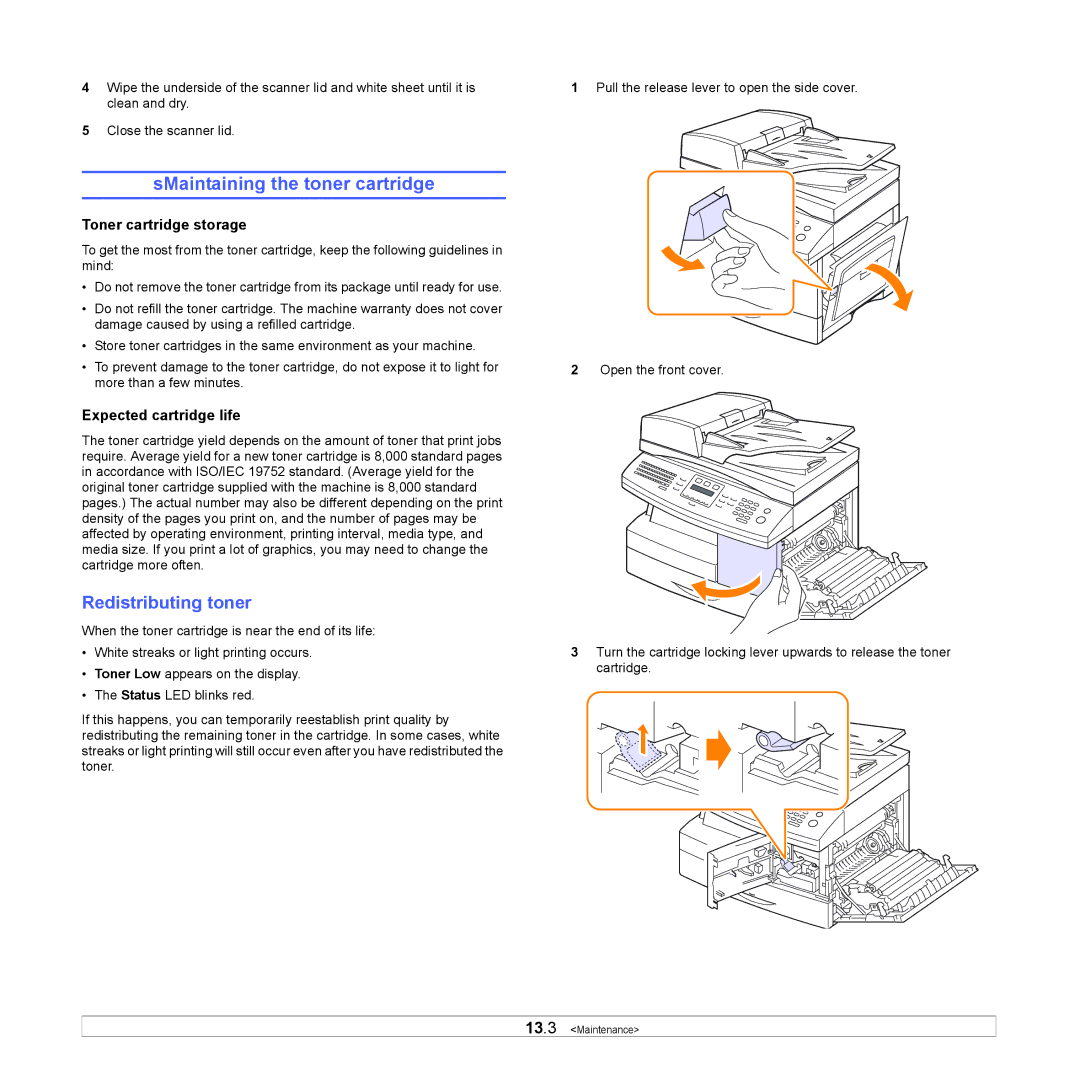 Samsung SCX-6x22 SMaintaining the toner cartridge, Redistributing toner, Toner cartridge storage, Expected cartridge life 