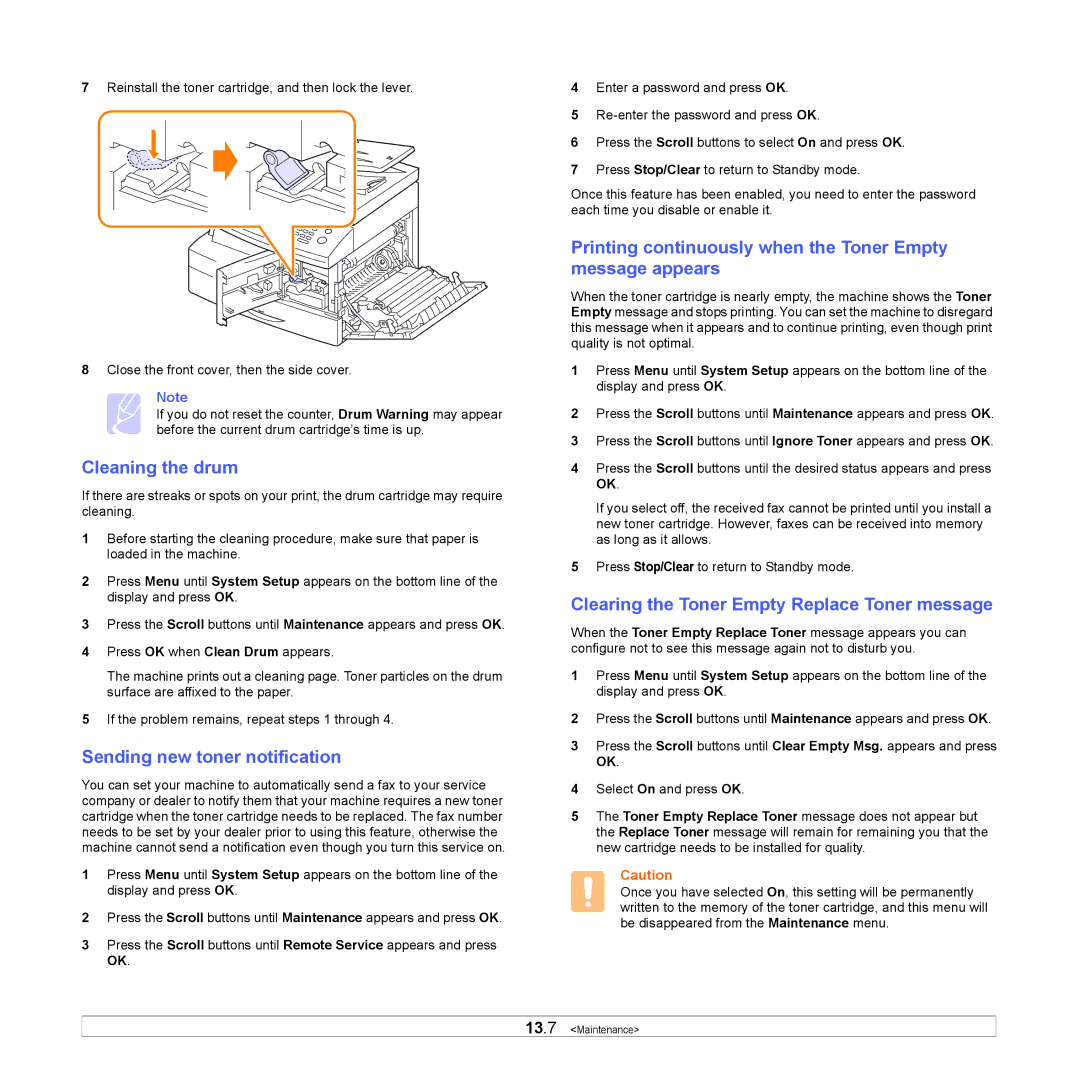 Samsung SCX-6x22 manual Cleaning the drum, Sending new toner notification, Clearing the Toner Empty Replace Toner message 