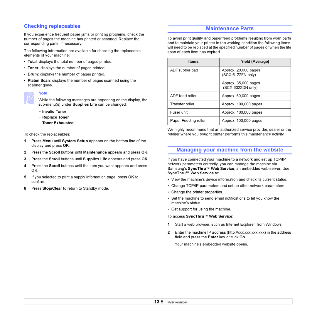 Samsung SCX-6x22 manual Maintenance Parts, Managing your machine from the website, Checking replaceables 