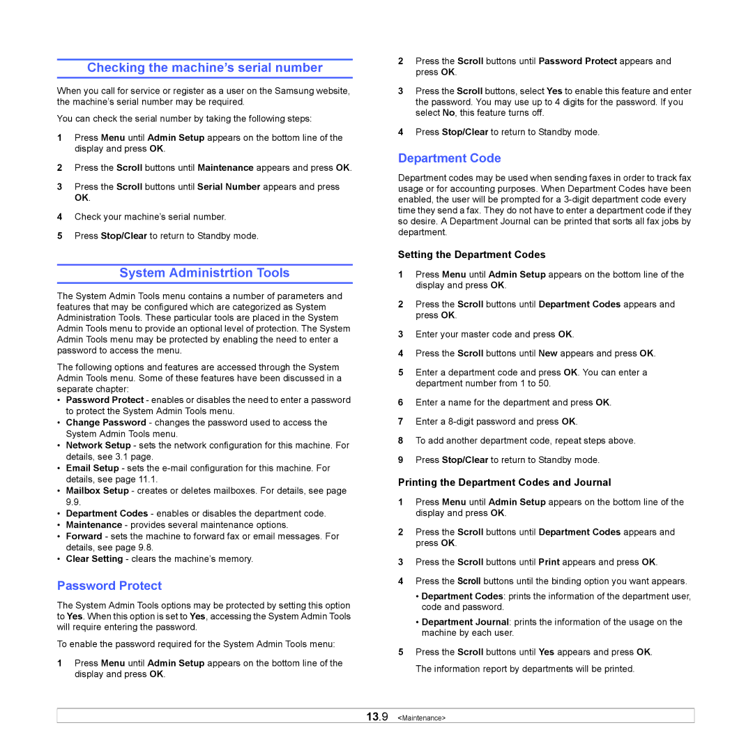 Samsung SCX-6x22 manual Checking the machine’s serial number, System Administrtion Tools, Password Protect, Department Code 